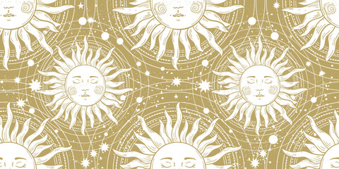 white sun with a face on a golden background, a seamless magical pattern for astrology, tarot, fortu