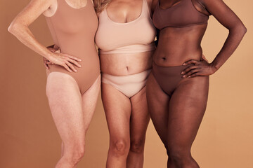 Diversity, closeup or women with body positivity, wellness or support on brown studio background. Multiracial, females or ladies with solidarity, skincare or confident for natural beauty or community