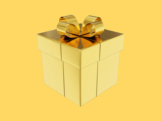 Poster - Realistic gold gift box with ribbon. 3D rendering. Icon on yellow background