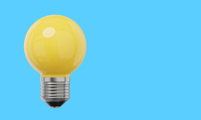 Poster - Realistic yellow light bulb. 3D rendering. Icon on blue background, text space.