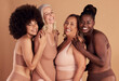 © David L/peopleimages.com - Diversity, happy and women with natural beauty, skincare and cosmetics together on studio background. Portrait group of female models in underwear for wellness, real body positivity and self love