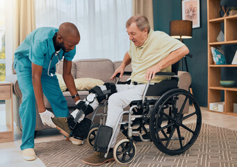 Poster - Elderly patient, leg surgery and physiotherapy recovery with a black man nurse helping with care. Nursing home, hospital and healthcare clinic help with a senior male ready for physical therapy