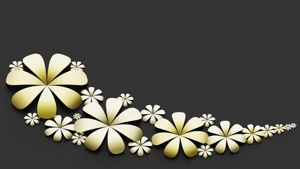 Fototapete - Black background with metallic gold paper flowers. Concept image of happy Invitation and reception sign. 3D high quality rendering. 3D illustration. High resolution.