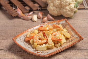 Poster - Stir-fried shrimp with cauliflower. Tasteless food. Healthy.