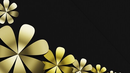 Fototapete - Black background with metallic gold paper flowers. Concept image of happy Invitation and reception sign. 3D high quality rendering. 3D illustration. High resolution.