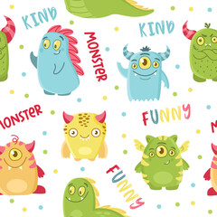 Wall Mural - Seamless vector pattern. Cute, kind monsters, multicolored inscriptions 