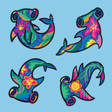 Fototapeta  - Set of four bright floral hammerhead shark in hand drawn style
