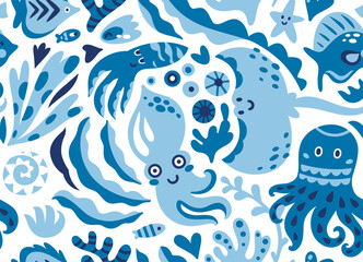 Wall Mural - Cute flat sea life creatures in childish style in blue background