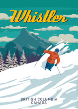 Whistler Travel Ski Resort Poster Vintage. Canada, British Columbia Winter Landscape Travel Card