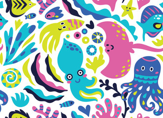 Wall Mural - Cute flat sea life creatures in childish style