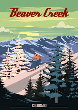 Beaver Creek Ski Travel Resort Poster Vintage. Colorado USA Winter Landscape Travel Card