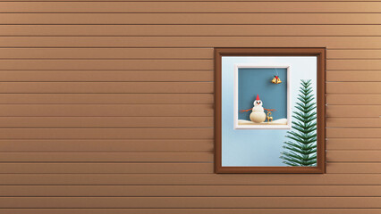 Canvas Print - 3D Render Of Christmas Wall Scenery Or Window Against Brown Plank Texture Background With Copy Space.