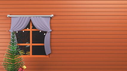 Wall Mural - 3D Render Of Christmas Tree With Curtain Window On Copper Plank Texture Background And Copy Space.