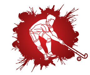 Wall Mural - Field Hockey Sport Male Player Action Cartoon Outline Graphic Vector