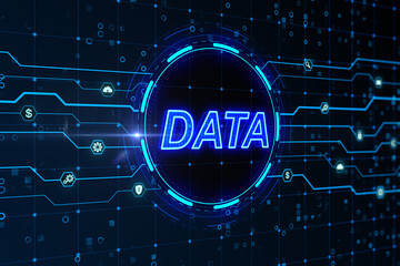 Leinwandbilder - Glowing digital data hologram on blurry background. Technology, information and innovation concept. 3D Rendering.