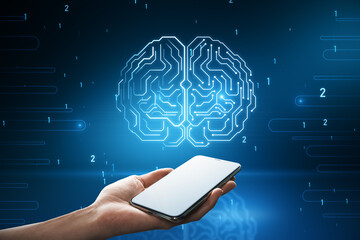 Poster - Close up of hand woman holding cellphone with glowing human brain hologram on blurry background. Neurology research and artificial intelligence concept.