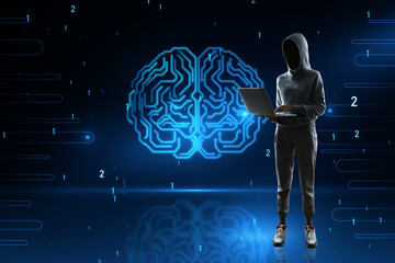 Poster - Hacker using laptop with abstract glowing human brain hologram on blurry background. Neurology research, hacking, data theft and artificial intelligence concept.