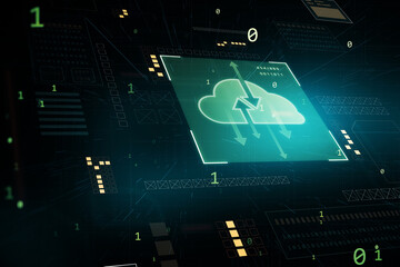 Wall Mural - Glowing digital cloud computing hologram on blurry background. Cloud data, server, service and hosting concept. 3D Rendering.