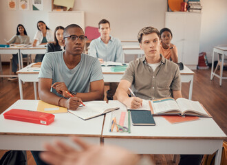 Poster - High school, students and boys listening in classroom of education, learning or knowledge. Highschool, studying and attention to teacher, academic lecture and teaching group for young people together