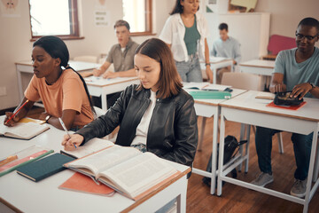 Poster - Classroom, students group and study in diversity school for education, learning and knowledge of books, writing and thinking. Focus, scholarship and youth in college with teacher notes for exam test
