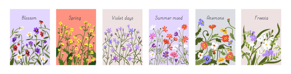Wall Mural - Floral card backgrounds set. Spring field flowers on modern botanical cover designs. Romantic gentle blossomed blooms, bellflowers and anemones on vertical nature banners. Flat vector illustrations