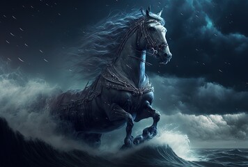 illustration of beautiful black horse, galloping, on ocean wave