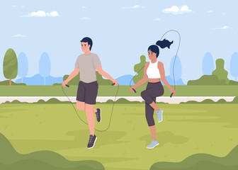 Poster - Doing jumping rope exercise flat color vector illustration. Cardio workout. Training outside. Sport activities on fresh air. Fully editable 2D simple cartoon characters with park on background