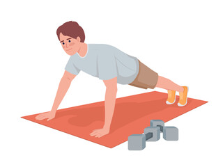 Poster - Man doing push up exercise semi flat color vector character. Editable figure. Full body people on white. Training home simple cartoon style illustration for web graphic design and animation