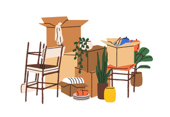 Stuff packed in boxes for moving. Cardboard packages pile, stack with belongings, home properties, kitchenware, furniture and potted house plants. Flat vector illustration isolated on white background