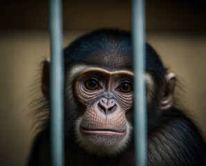 chimpanzee monkey baby behind bars. generative ai