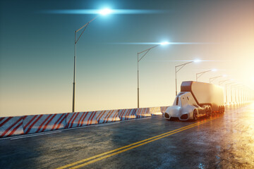 Wall Mural - Unmanned autonomous cargo transportation. An autonomous, electric, self-driving truck moves along the road. Fast cargo delivery, transportation without drivers. 3D render, 3D illustration.