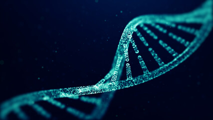 Abstract construction of a DNA molecule from particles. Concept of digital DNA. DNA code structure with glow. Medical research, genetic engineering, biology. 