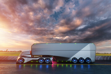 Wall Mural - Unmanned autonomous cargo transportation. An autonomous, electric, self-driving truck with a trailer moves along the road. Fast cargo delivery, transportation without drivers.