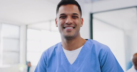 Poster - Face, man and nurse with tablet in hospital for healthcare or internet research. Digital tech, medical professional and happy male physician with touchscreen for wellness app or telehealth in clinic.