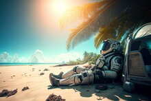 Astronaut Sunbathing At The Beach. Creative Photorealistic Illustration. Generative Art
