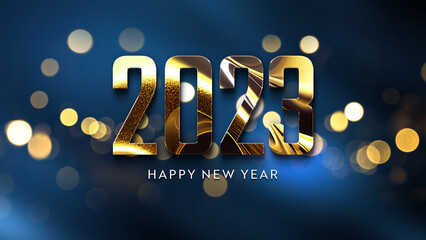 2023 greetings with golden effect. Shiny Happy new year text on dark blue for background, graphic design, banner, illustration. 3D rendering