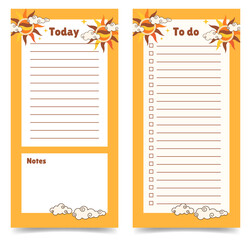 Fototapete - Two daily planners pages template.Tasks for today and checklist. Vertical journal on abstract orange background with sun elements. Retro groovy style. Vector illustration