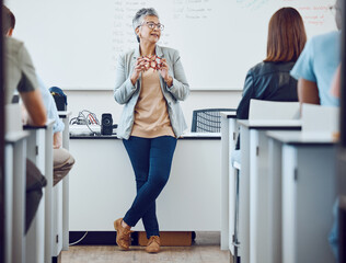 Poster - Classroom, presentation and science professor at university of physics or dna model in education, learning and teaching on whiteboard. Students in desk, teacher, leader or presenter woman in college