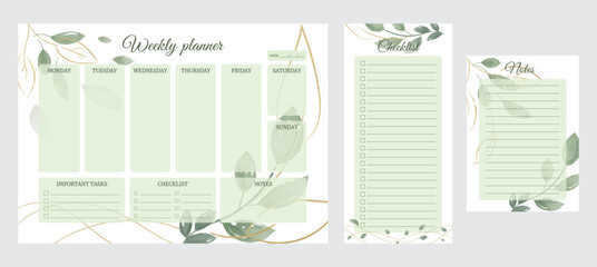 Fototapete - Set of horizontal personal weekly planner, notes, checklist template. Pages other format with Watercolor foliage design. Daily routine in vector format