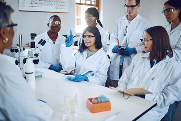 Poster - Students, research and girl question in laboratory, class and studying healthcare. Scientist, young researchers or lecture for medical innovation, scientific methods and woman raise hand or education