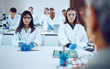 Aufkleber - University, education and science students with professor in classroom. College books, learning and group of people, men and women in lab coats with teacher, lecturer or educator studying biology.