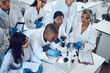 © D Lahoud/peopleimages.com - Science, students and medical laboratory with microscope and mentor for pharmaceutical research, education and learning in class. Scientific and chemistry men and women group doing analysis of drug
