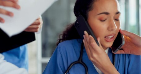 Canvas Print - Burnout, doctor with phone call and medical paperwork, stress and administration anxiety, multitasking and overwhelmed in healthcare. Overworked, mental health with coworkers and time management fail