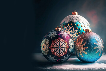 Wall Mural - Multicolored round Christmas balls with a festive beautiful ornament on a dark background, generative AI, generative artificial intelligence