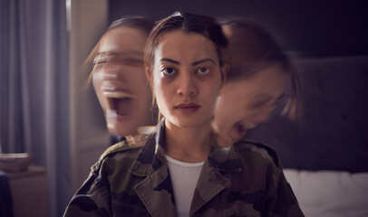 Wall Mural - Bipolar, schizophrenia and military woman with PTSD, war stress and tired from mental health problem. Anxiety, screaming and portrait of a soldier with insomnia, trauma and angry from battle in home