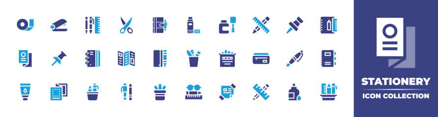 Stationery icon collection. Vector illustration. Containing scotch tape, stapler, writing, scissors, notebook, glue stick, bottle, stationery, push pin, flyer, pushpin, brochure, pencil, and more.