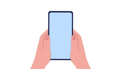 Fototapete - Animated first view hands with phone. Using gadget. Holding mobile phone. Flat object on white background with alpha channel transparency. Colorful cartoon style HD video footage for animation