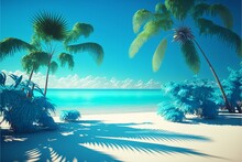Summer Beach With Palm Trees And Palm Leaves With Extreme Blue Color Sky. Summer Beach In Blue Sky With Palm Trees.