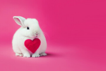 Wall Mural - A white fluffy rabbit holds a red heart in its paws on a pink background, generative AI, generative artificial intelligence