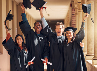 Poster - Success, graduation and celebration of students in university in campus. Goals, targets and happy group of college people or friends graduate celebrating education, studying and learning achievement.